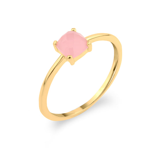 Anillo Cuadrado Cuarzo Rosa Plata de ley / Baño de oro 18k